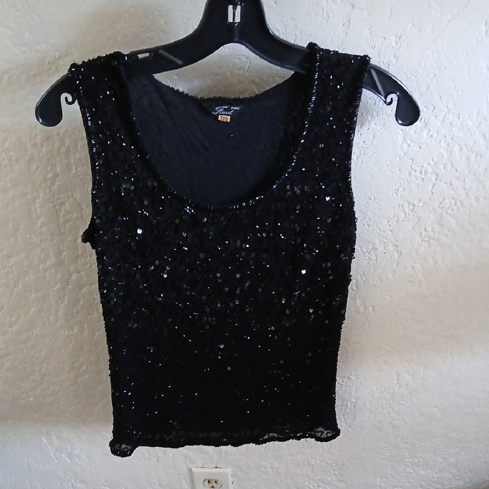 Black Sequin Fitted Sleeveless Tank Top